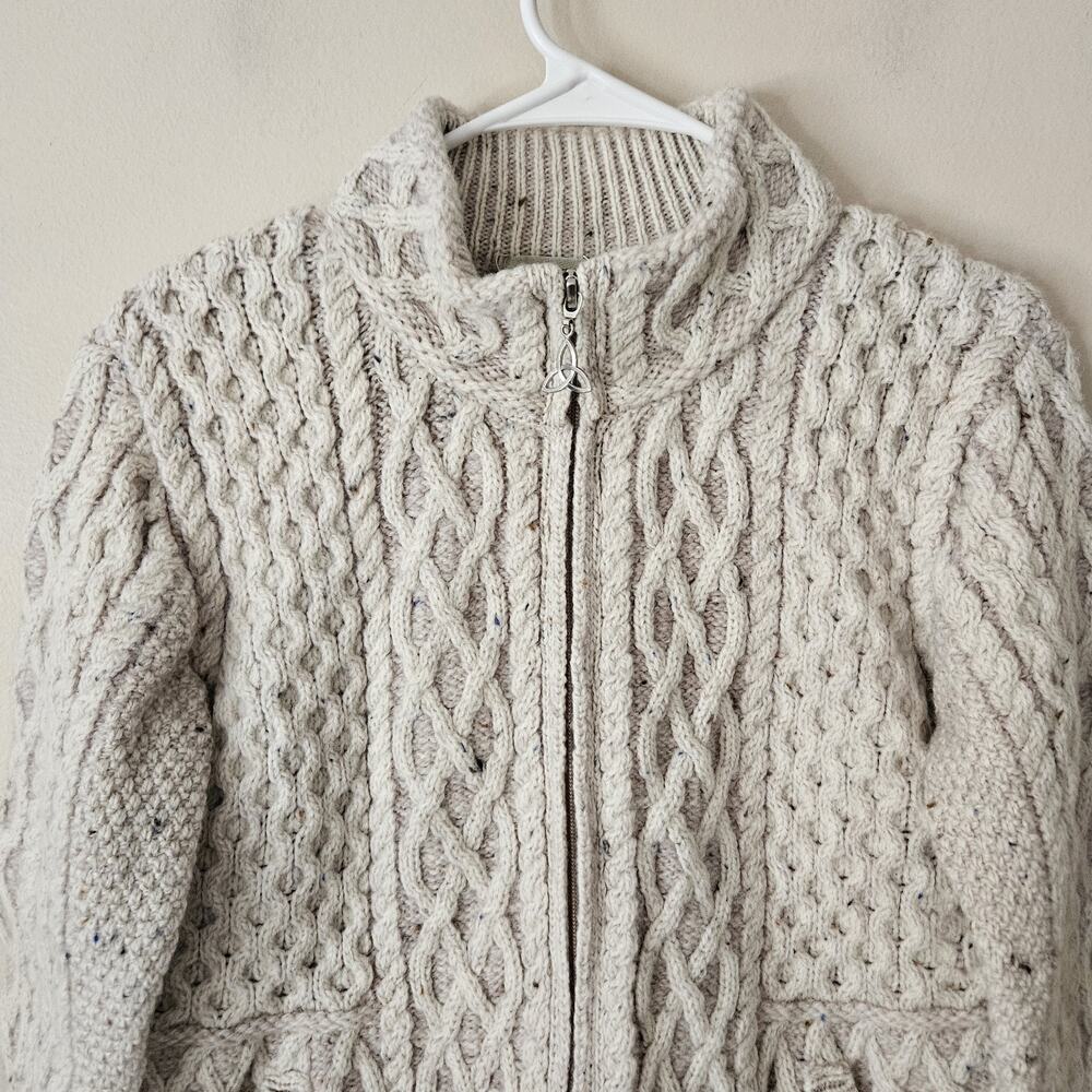 Aran Craft’s 100% Merino Wool Size L Unisex Cable Knit Full Zip Sweater Beige - Picture 2 of 7